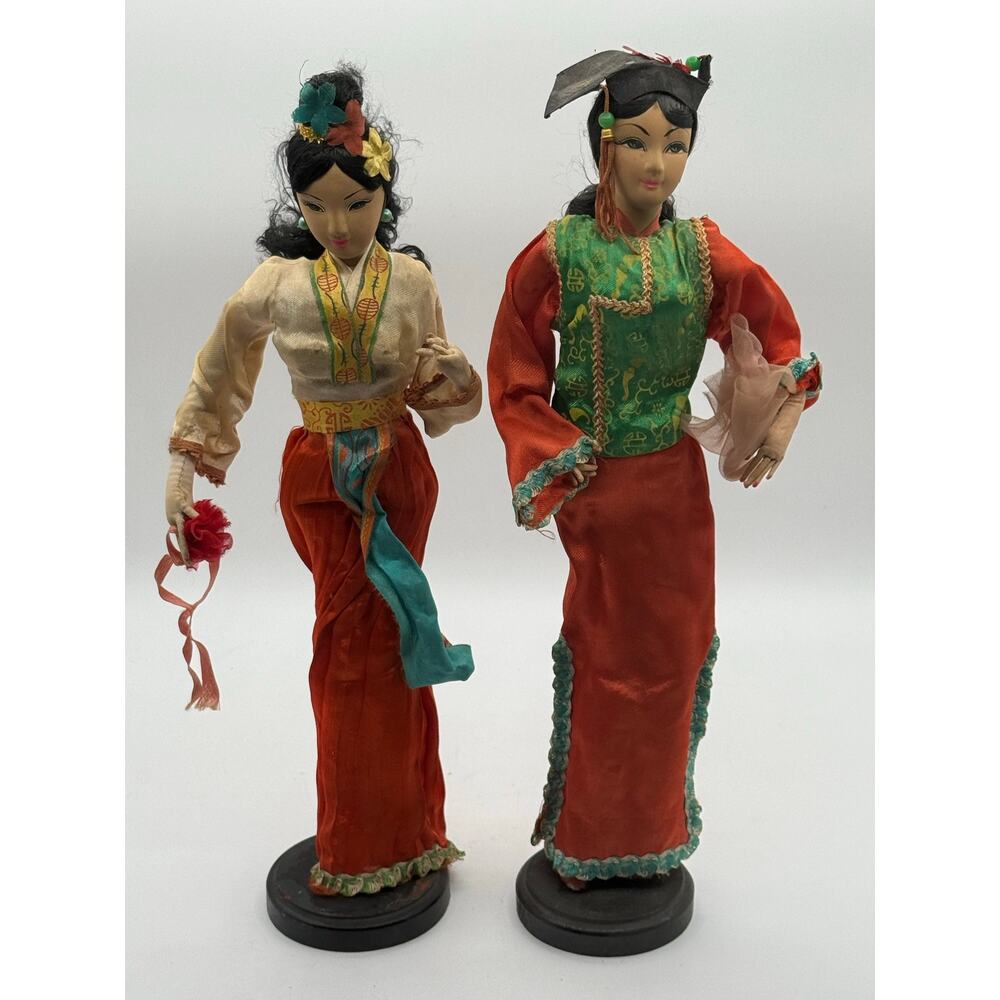 Vintage Chinese Silk Geisha Cloth Dolls-Set of 2-Mid Century Figure-Wooden Base